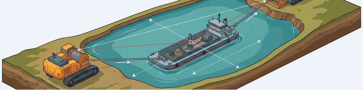 Illustration: mining barge on a pond, held by wire ropes from two winch machines on the banks