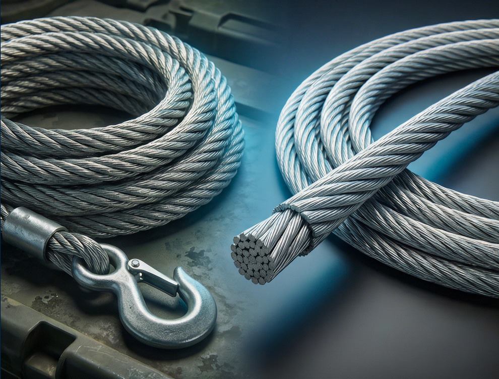 Coils of galvanized steel wire rope and a hook
