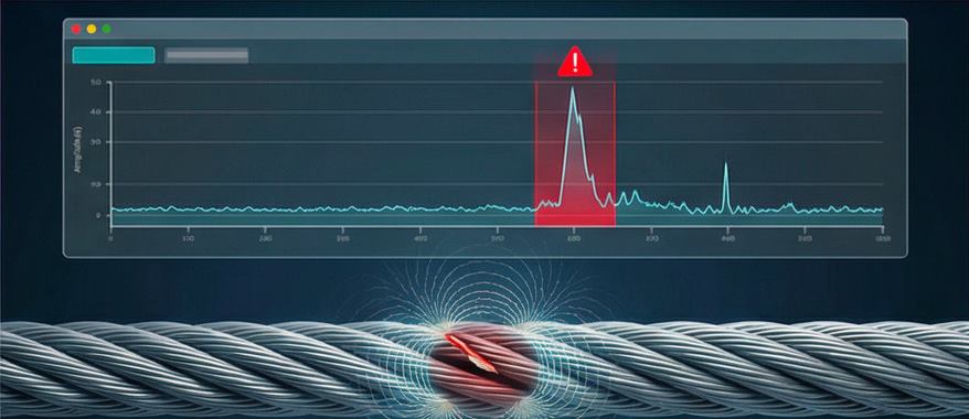 Illustration of magnetic testing: an internal rope flaw shows as a peak on the trace
