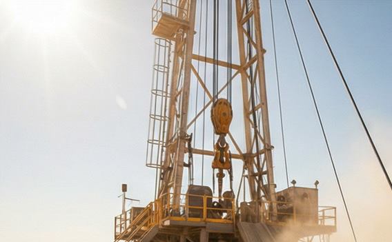 Drilling rig in the desert, in a cloud of dust
