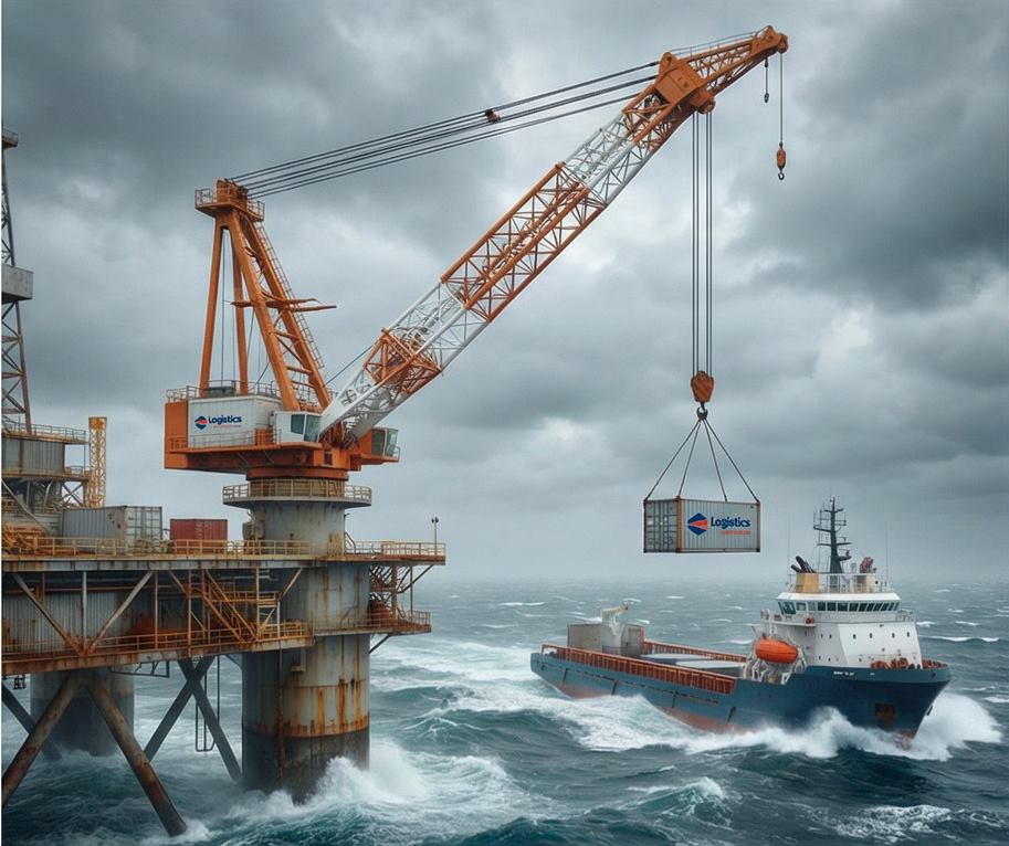 Oil platform crane transferring a container to a supply vessel in rough sea