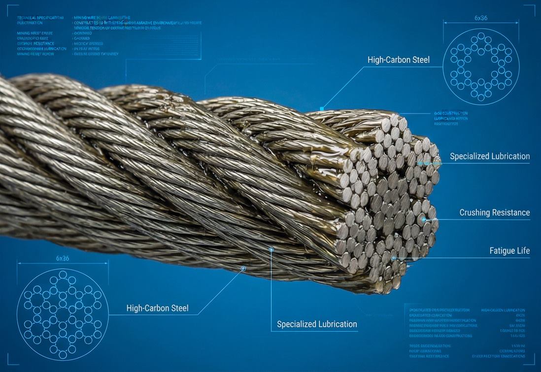 Technical view of a steel wire rope in cross-section, with labels on high-carbon steel and lubrication