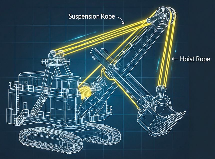 Rope shovel diagram showing the boom suspension ropes and the dipper hoist rope