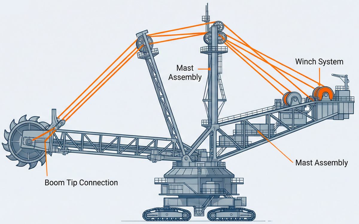 Bucket-wheel excavator diagram: ropes running from the winch system over the mast to the boom tip