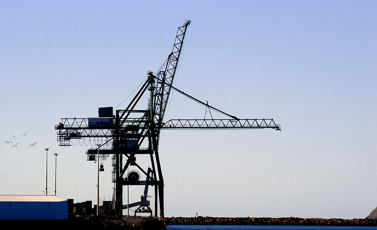 Ship-to-shore container crane in silhouette, its hoist ropes running along the boom