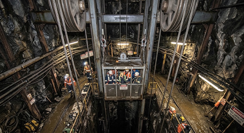 Mine shaft cage at the bottom of an underground mine, with miners in safety gear