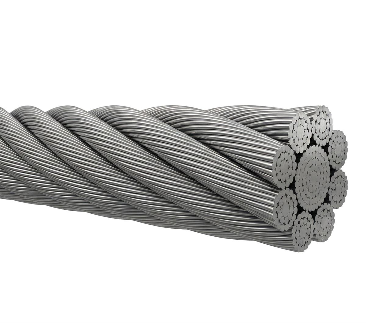 Steel wire rope cut-away: strands around the core