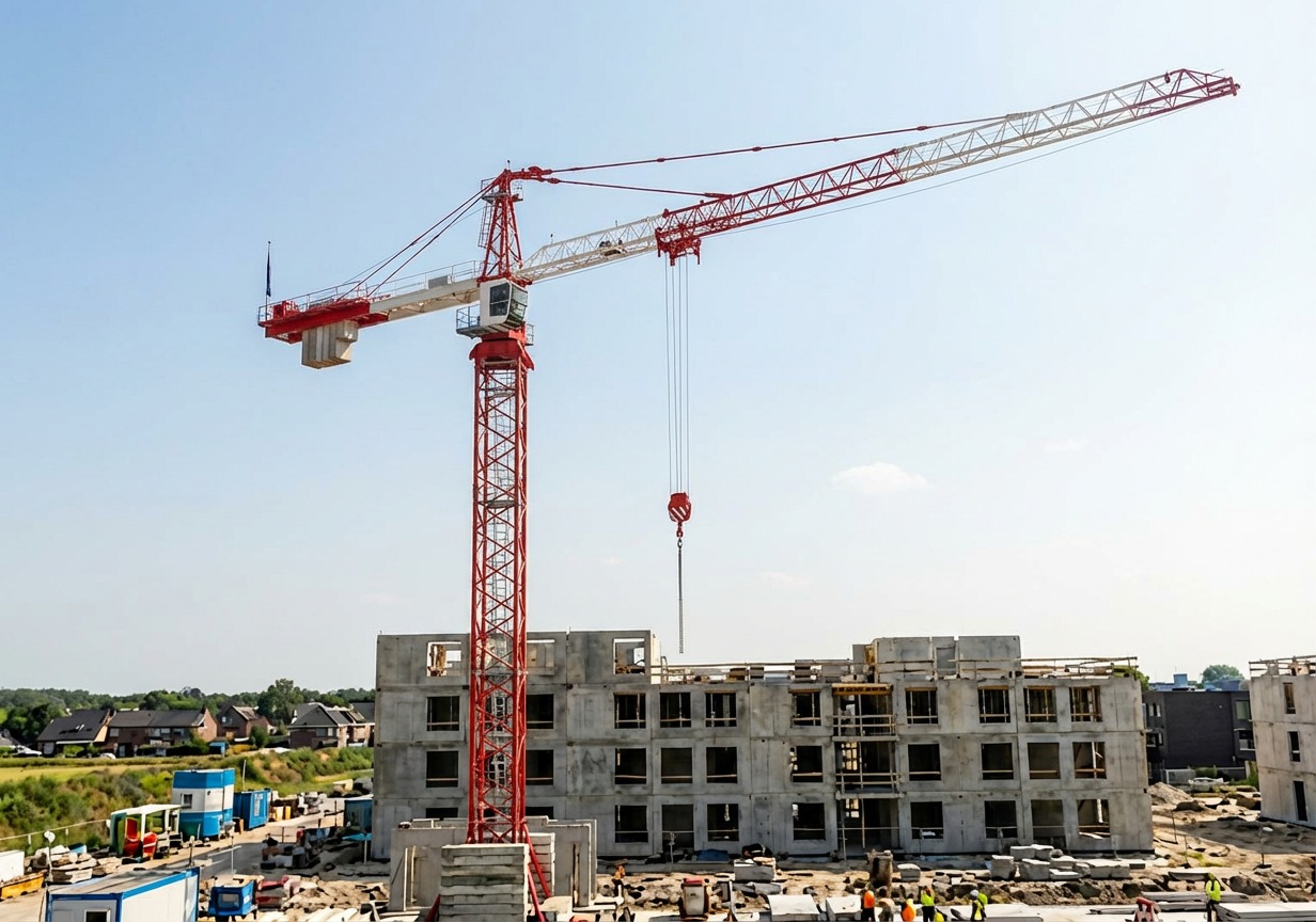 Red and white tower crane above a concrete building under construction