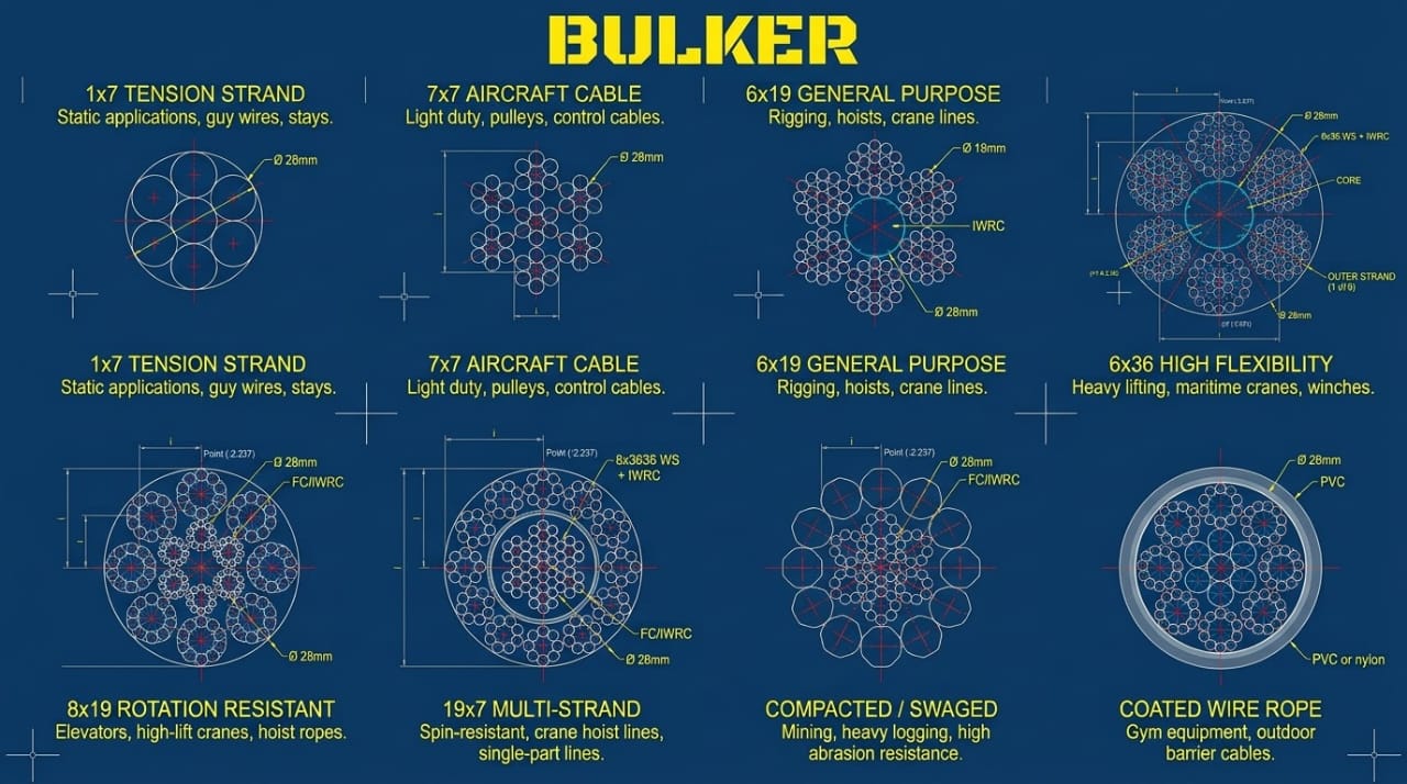 BULKER wire rope construction diagram: 1x7, 7x7, 6x19, 6x36, 8x19, 19x7, compacted and coated