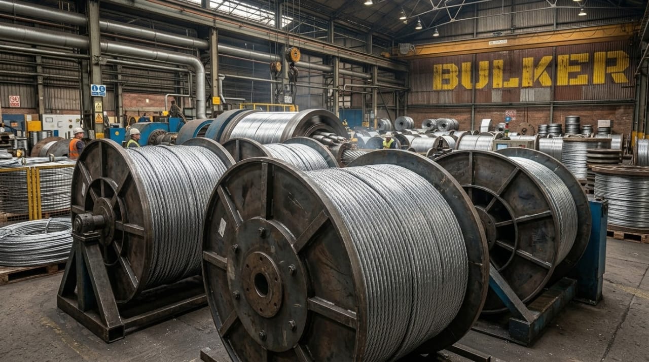 BULKER warehouse: steel wire rope reels and wall-mounted BULKER signage