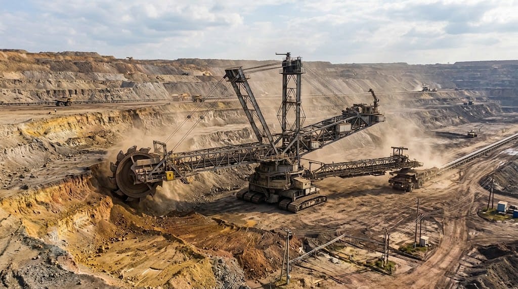 Aerial view of a bucket wheel excavator at work in an open-pit mine
