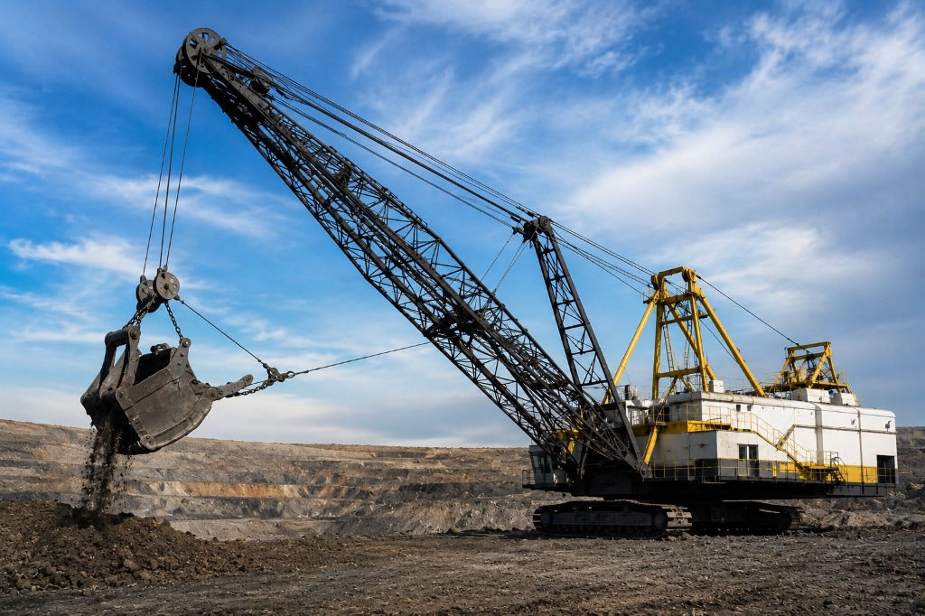 Heavy dragline working in an open-pit quarry