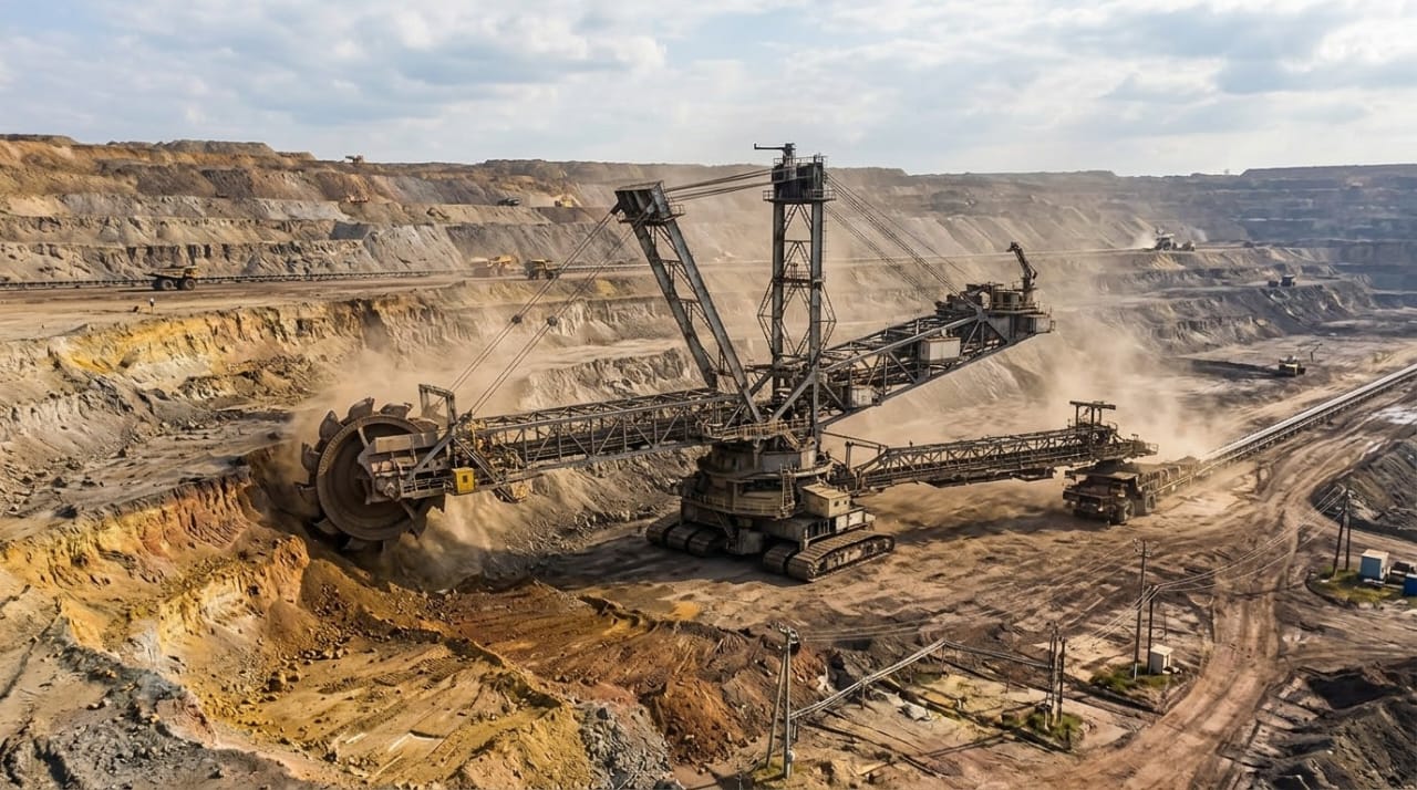 Bucket wheel excavator working a rock face in an open-pit mine, dust in the air