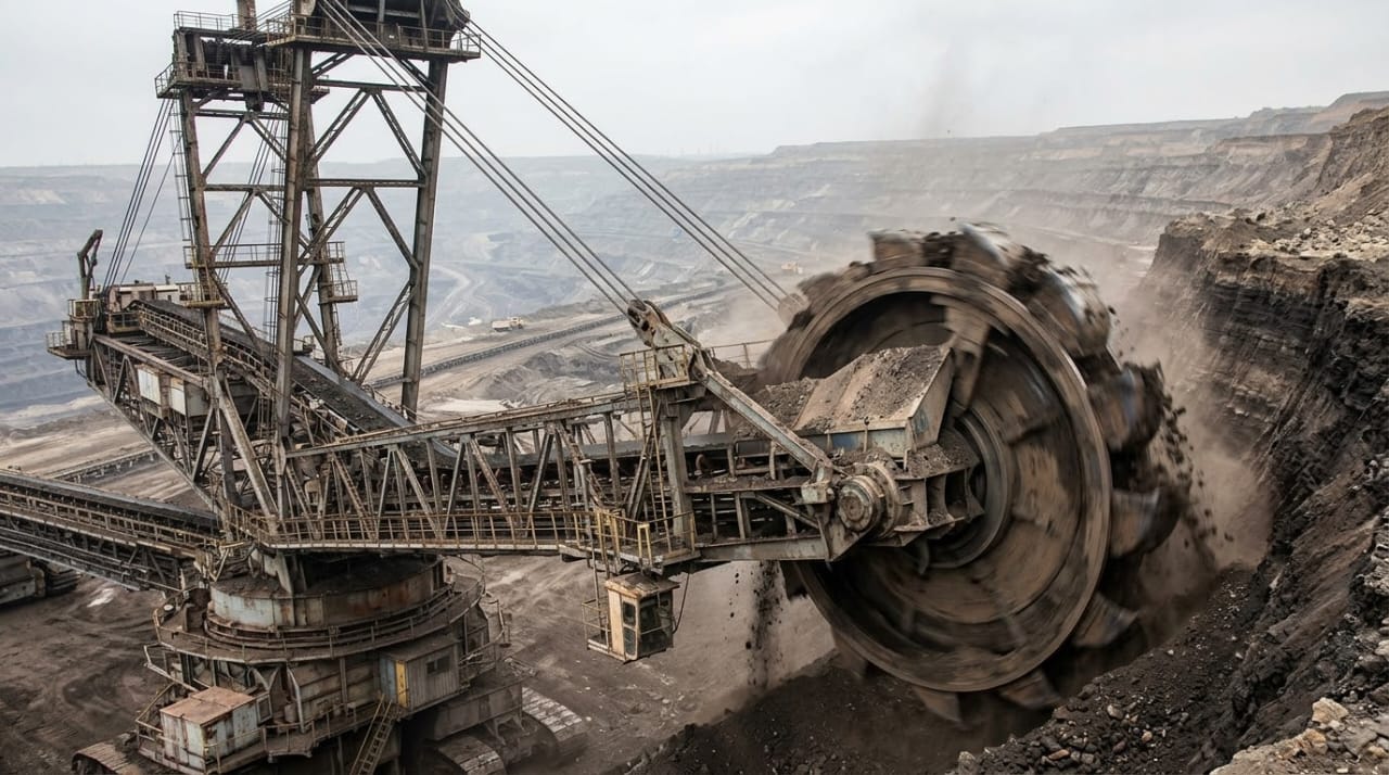 Bucket wheel in motion extracting ore, motion-blur effect