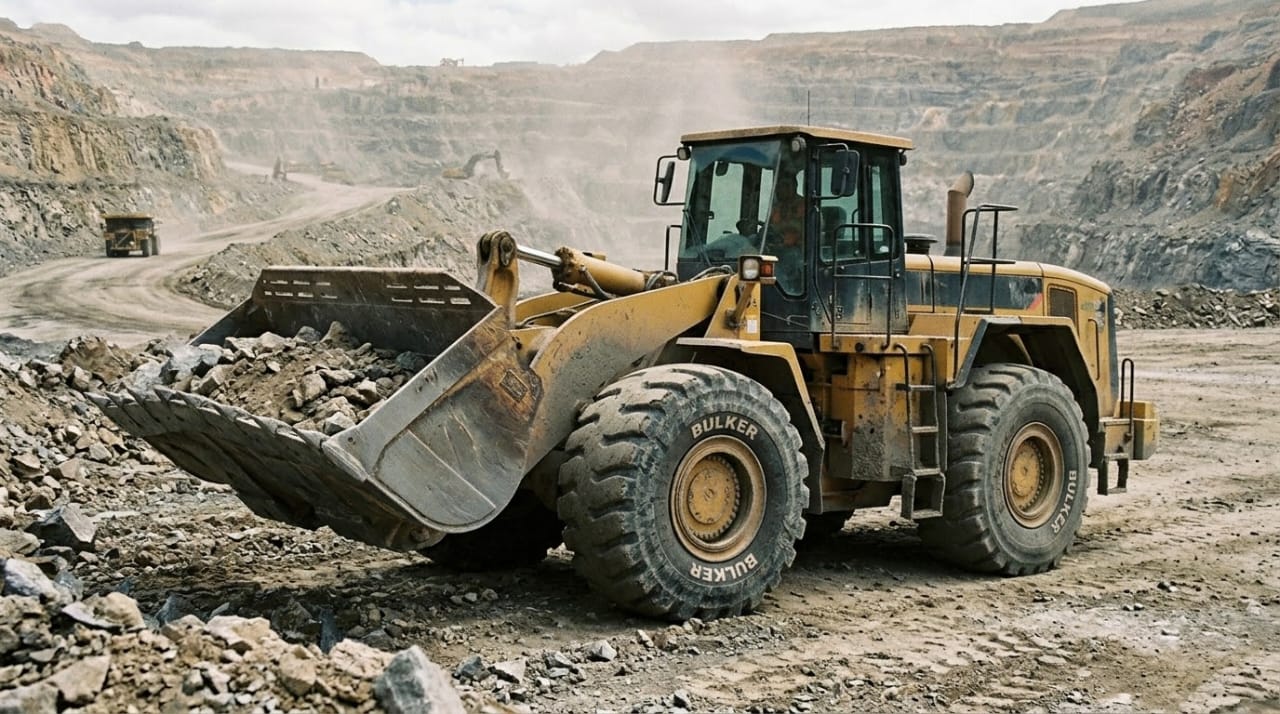 Wheel loader hauling rock on an open-pit mine site