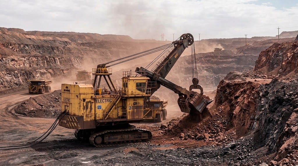 Electric mining shovel loading haul trucks, close-up view