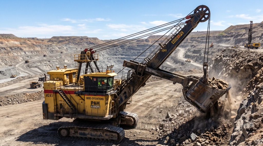 Electric rope shovel digging rock wall