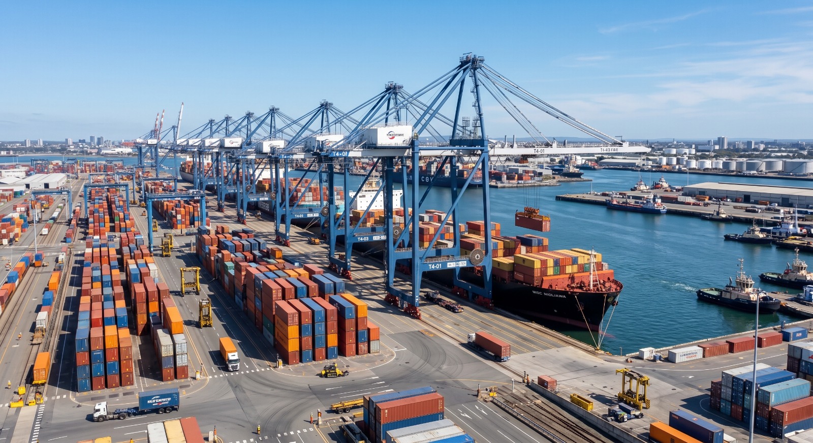 Aerial view of a container terminal: blue ship-to-shore cranes lined up along a container ship