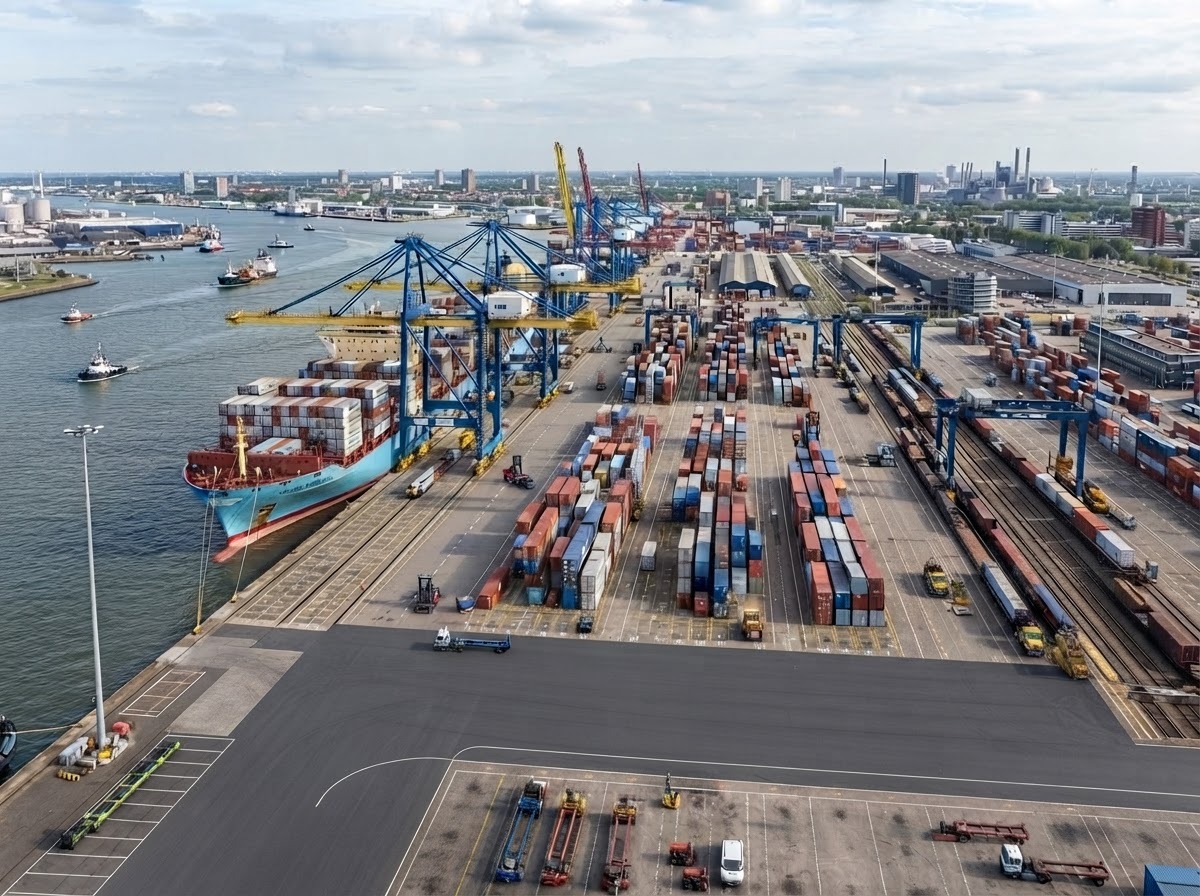 Aerial view of a port: container ship at the quay, gantry cranes and container yard