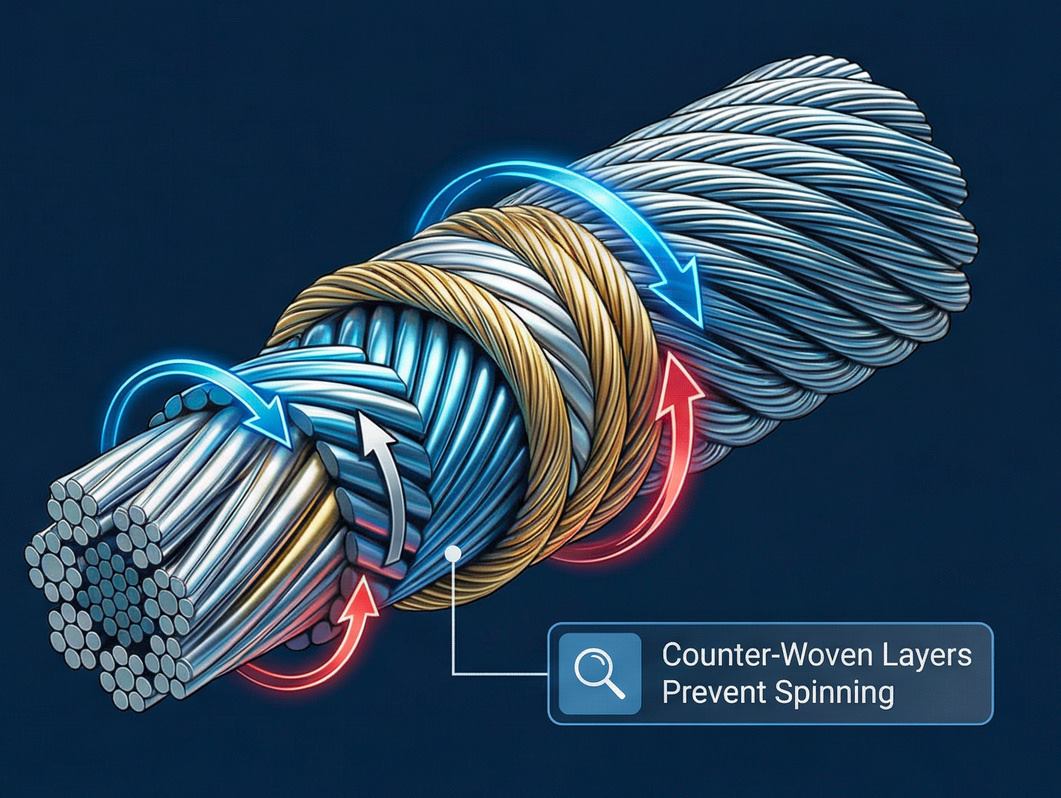 Rotation-resistant rope diagram: strand layers laid in opposite directions