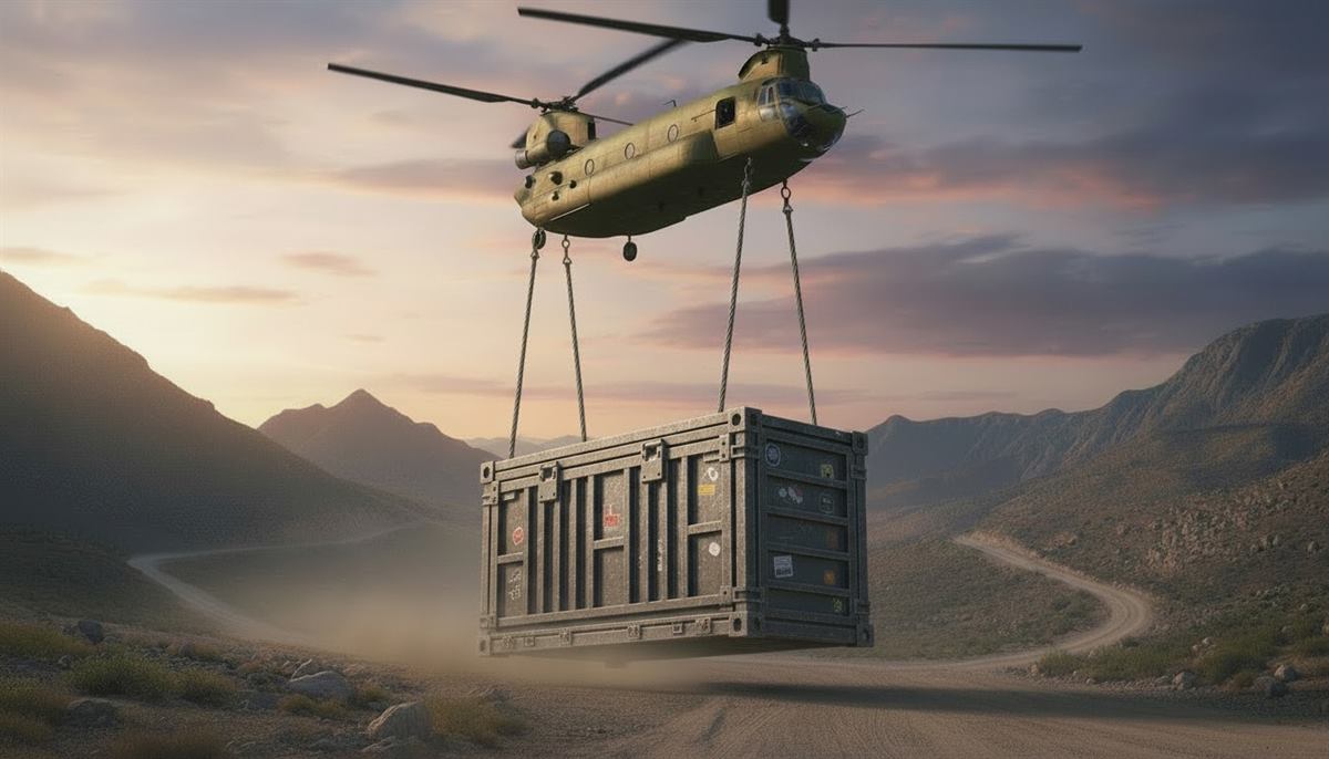 Heavy-lift helicopter carrying an underslung container over a valley