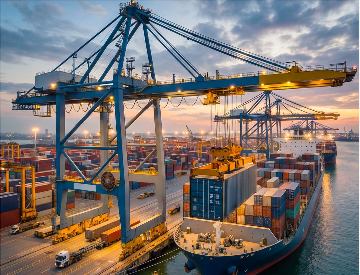 Ship-to-shore crane unloading a container ship